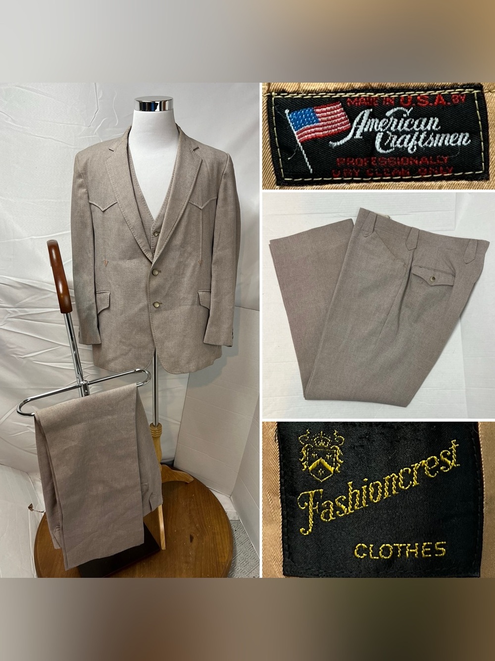 Vintage American Craftsman Men’s 44R X 38W 3-Piece Western Tan Suit Rockabilly